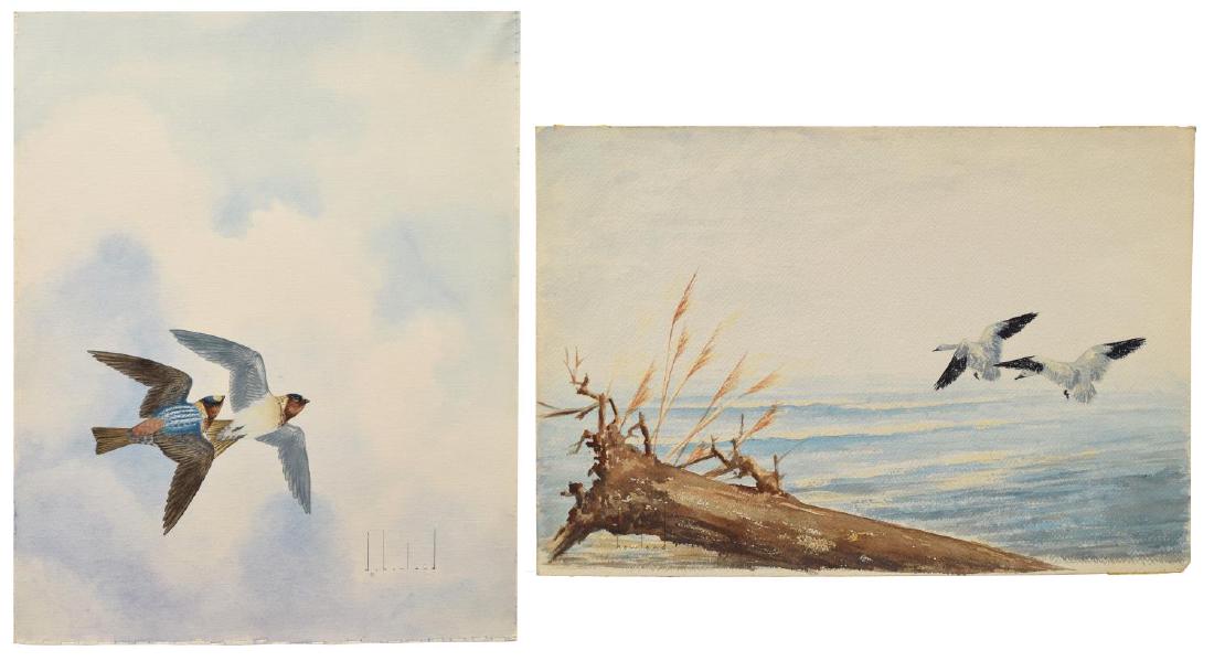 (2) D. HOWLAND (NY, 1920-1999) WATERCOLOR PAINTING: (lot of 2) Unframed watercolor and gouache paintings on paper, signed Howland (Douglas Leo Howland, New York, 1920-1999), including: (1) Snow Geese, signed lower left and verso, sheet: approx 14"h, 20