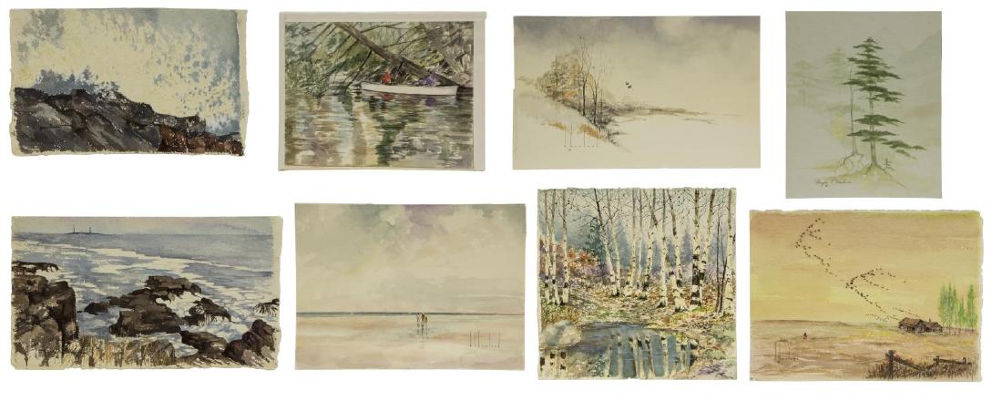 (8) D. HOWLAND (NY, 1920-1999) WATERCOLOR PAINTING: (lot of 8) Unframed watercolor and gouache paintings, by Douglas Leo Howland (New York, 1920-1999), highlights include: (1) Birch Trees, on paper, signed lower left and verso, sheet: approx 11"h, 12.2