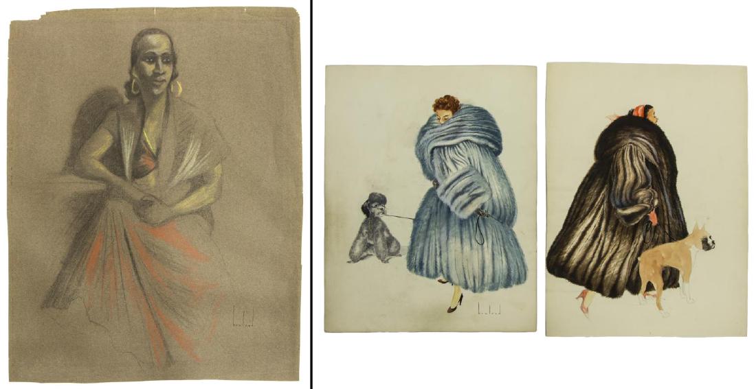 (3) D. HOWLAND (NY, 1920-1999) ILLUSTRATION ART: (lot of 3) Unframed art, by Douglas Leo Howland (New York, 1920-1999), including: (1) watercolor and gouache fashion illustration, on board, signed lower right, depicting a young woman in oversized fu