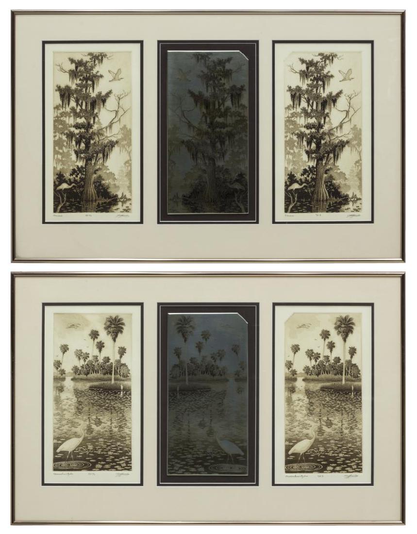 (2) DAVID HUNTER (B.1947) FL EVERGLADES ETCHINGS: (lot of 2) Framed etchings, each consisting of the artist proof, CP 1/1, and the cancelled plate framed behind glass, signed David Hunter (Florida, b.1947), including: (1) "Chassahowitzka," overall: a