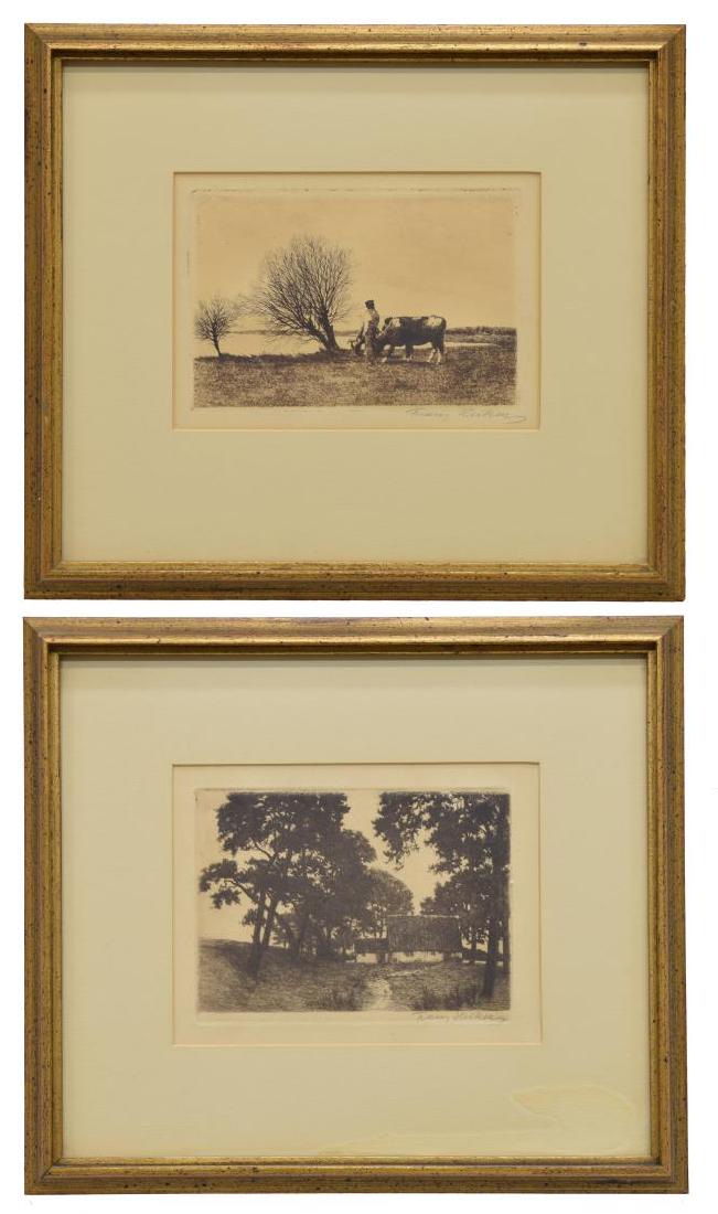 (2) FRAMED SIGNED LITHOGRAPHS, FRANZ HEIKEN: (lot of 2) Framed lithographs, signed Franz Heiken (German, b. 1900) lower right, including: (1) Man with Cows, sight: approx 5.25"h, 7.5"w, overall: approx 12"h, 13.75"w, 1.25"d; (1) Cottage in the W
