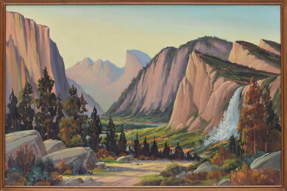 OLIVER GLEN BARRET (CAL) 'YOSEMITE VALE' PAINTING: Framed oil on board painting, "Yosemite Vale," signed lower left Oliver Glen Barrett (California, 1903-1970), titled verso, sight: 23.5"h, 35.5"w, overall: 31"h, 43"w, 9.25lbs Start Price: $200.00
