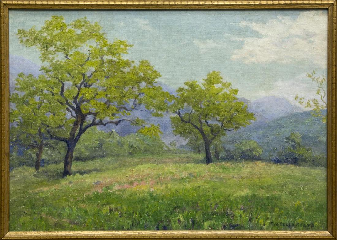 EVE BELLE ADAMS (CAL, D.1960) FRAMED OIL PAINTING: Framed oil on board painting, Meadow Landscape, signed lower right Eve Belle Adams (California, 1874-1960), centered in gilt frame, sight: approx 10.5"h, 15"w, overall: approx 13.75"h, 18"w, 1lbs Star