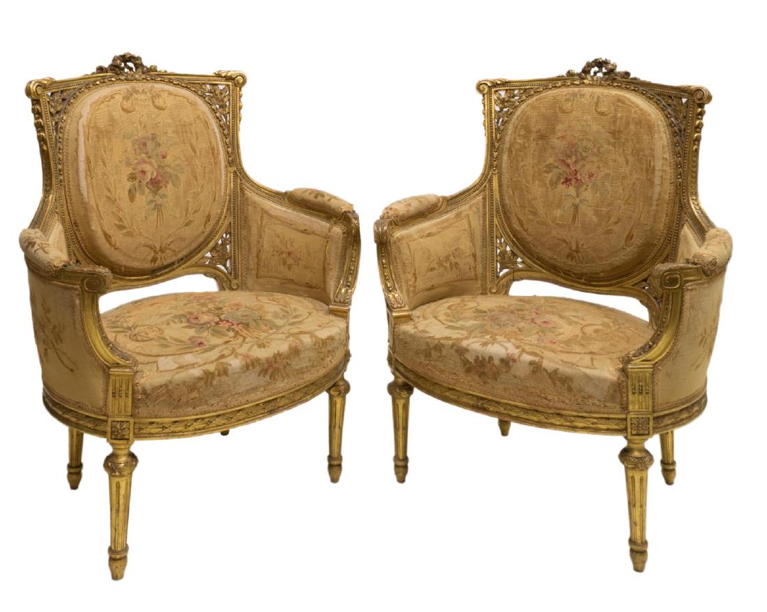 (2) LOUIS XVI STYLE GILT CARVED BERGERE CHAIRS (1 of 2)