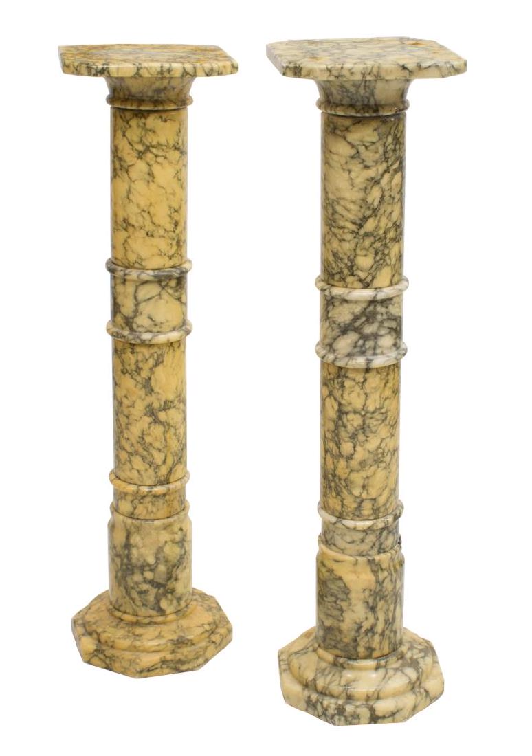 2) ITALIAN STRIATED ALABASTER PEDESTAL PLANTSTANDS: (lot of 2) Italian striated alabaster pedestals, each with canted square top over cylindrical pedestal, remnants of tag, one with small loss, 38.75"h, 10"sq Start Price: $150.00