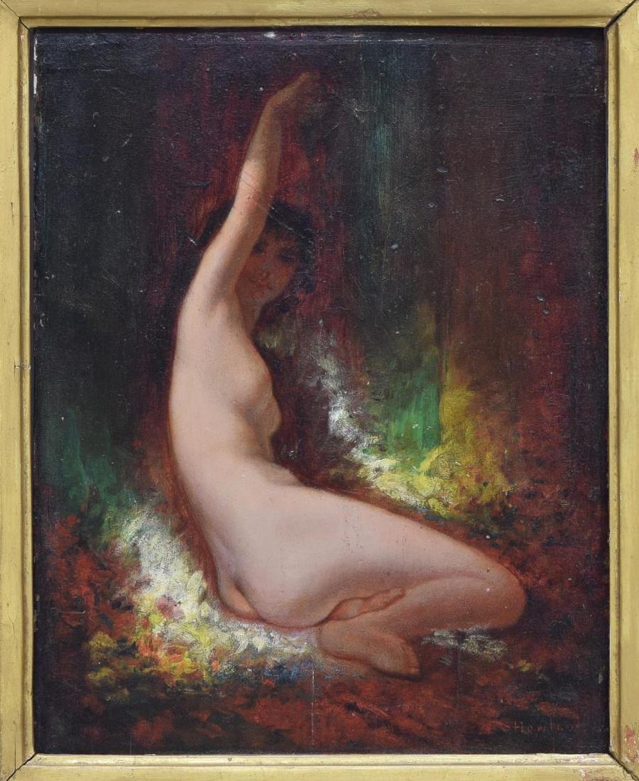 ALFRED HOWLAND (D.1909) FRAMED OIL ON PANEL NUDE: Framed oil on panel painting, late 19th c., Jeune Femme Nue dans la Foret, signed lower right Howland (Alfred Cornelius Howland, United States, 1838-1909), centered in gilt frame with carved foliate m