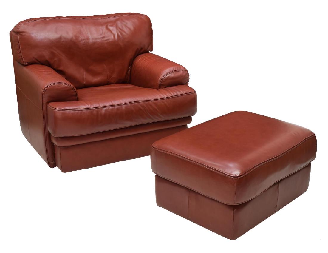 (2) CONTEMPORARY RED LEATHER CHAIR & OTTOMAN