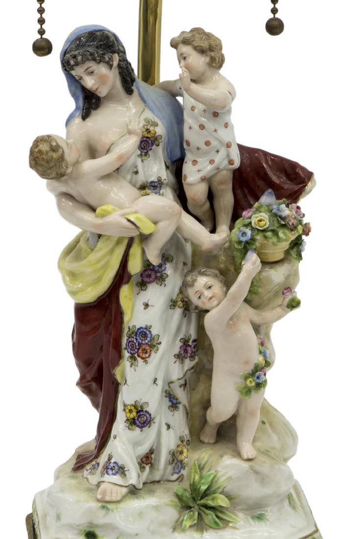 ANTIQUE PORCELAIN FIGURAL GROUP TABLE LAMP: Antique porcelain figural group, signed illegibly to the back, now mounted as a two light table lamp, the base as a robed beauty holding nude child, two attendant putti and a basket of flowers to her