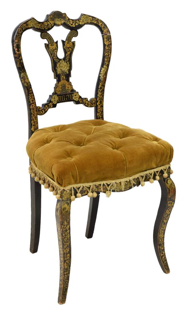 ANTIQUE EBONIZED & GILDED TUFTED SIDE CHAIR (1 of 3)