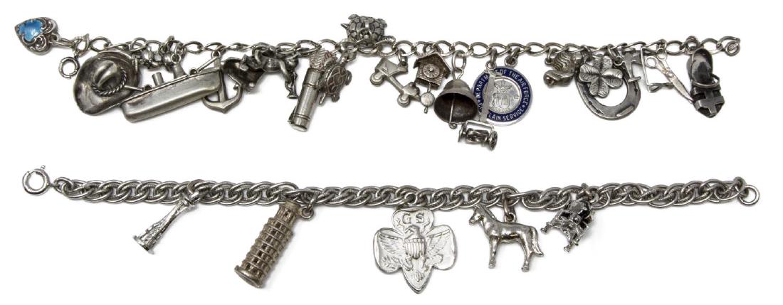 (2) VINTAGE STERLING & METAL CHARM BRACELETS: (lot of 2) Vintage charm bracelets: (1) sterling silver bracelet, hung with many sterling and silver tone charms, including, horseshoe, anchor, hat, quiver with arrows, sewing machine, bell, turtles,