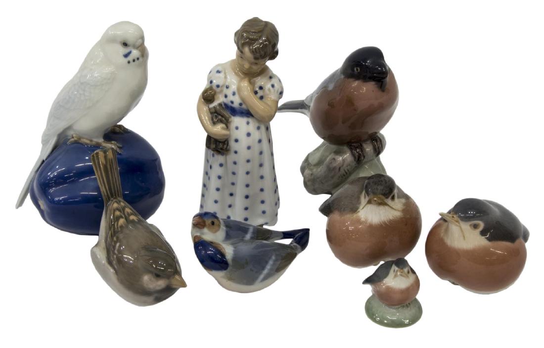 (8) ROYAL COPENHAGEN & B & G, BIRDS & CHILD W/DOLL: (lot of 8) Royal Copenhagen and Bing and Grondahl porcelain figures, (1) Girl with Doll, #3539, and (seven) bird figures, varied model numbers including (2) #2226, (1) #1081, (1) #4682, (1) #2238, (1)