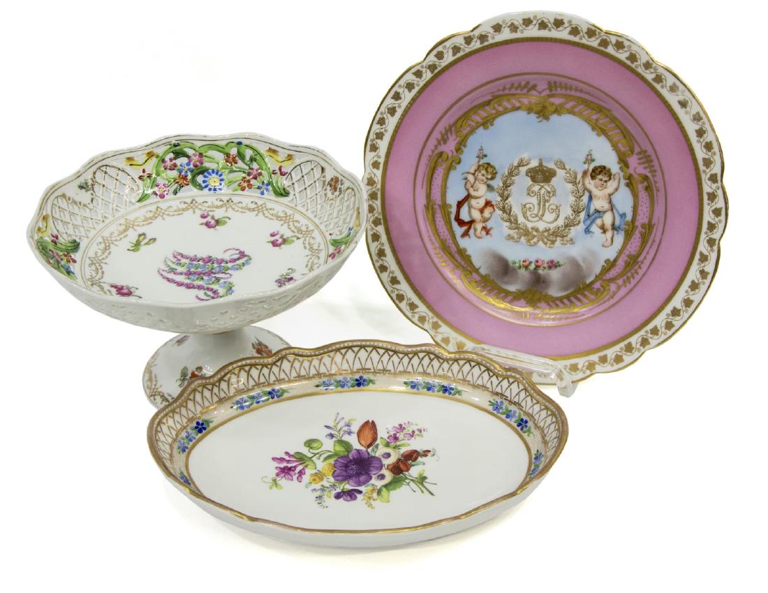 (3) SEVRES CHATEU DES TUILERIES & GERMAN PORCELAIN: (lot of 3) Continental porcelain group: (1) Bavarian porcelain reticulated compote, Marie Antoinette floral chain to center, marked under foot, 5.25"h, 8.25"diam; (1) KPM parcel gilt floral painted di