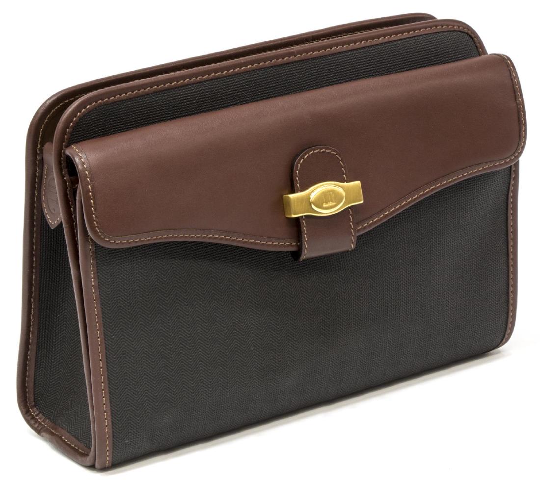 GENT'S ALFRED DUNHILL COATED CANVAS TOILETRY BAG: Gent's Alfred Dunhill toiletry bag, in dark brown coated canvas, with gold-tone hardware, brown leather trim, exterior pocket with fitted interior and flap closure, plaid flannel lining, main compartm