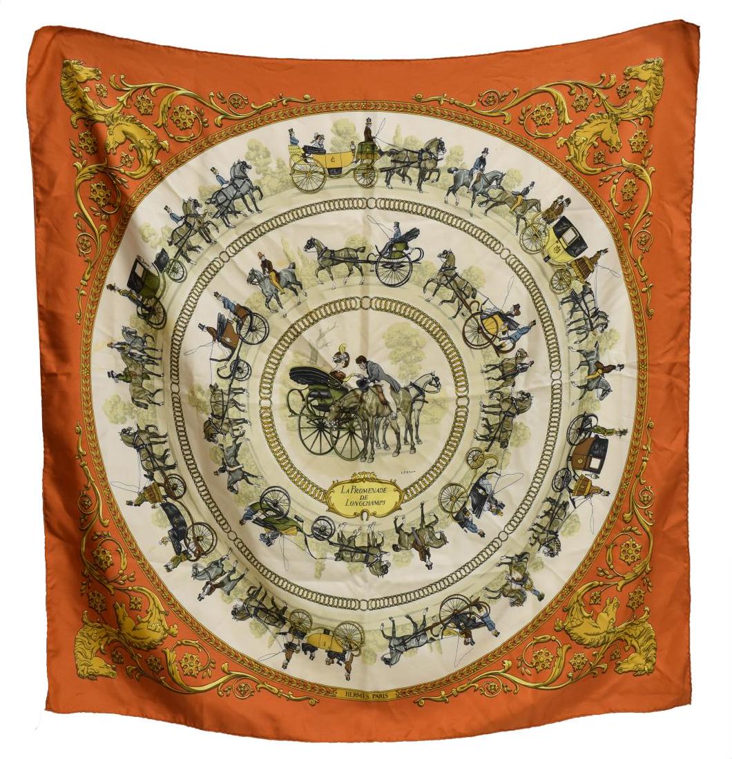 HERMES SILK TWILL SCARF, 'LONGCHAMPS' PATTERN (1 of 2)