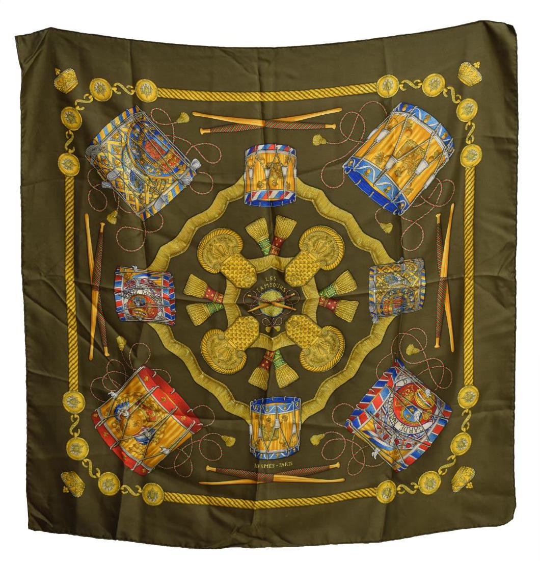 HERMES SILK TWILL SCARF, 'LES TAMBOURS' PATTERNS (1 of 3)