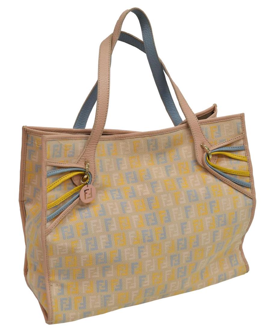 FENDI BEIGE BLUE YELLOW MONOGRAM CANVAS TOTE BAG (1 of 4)