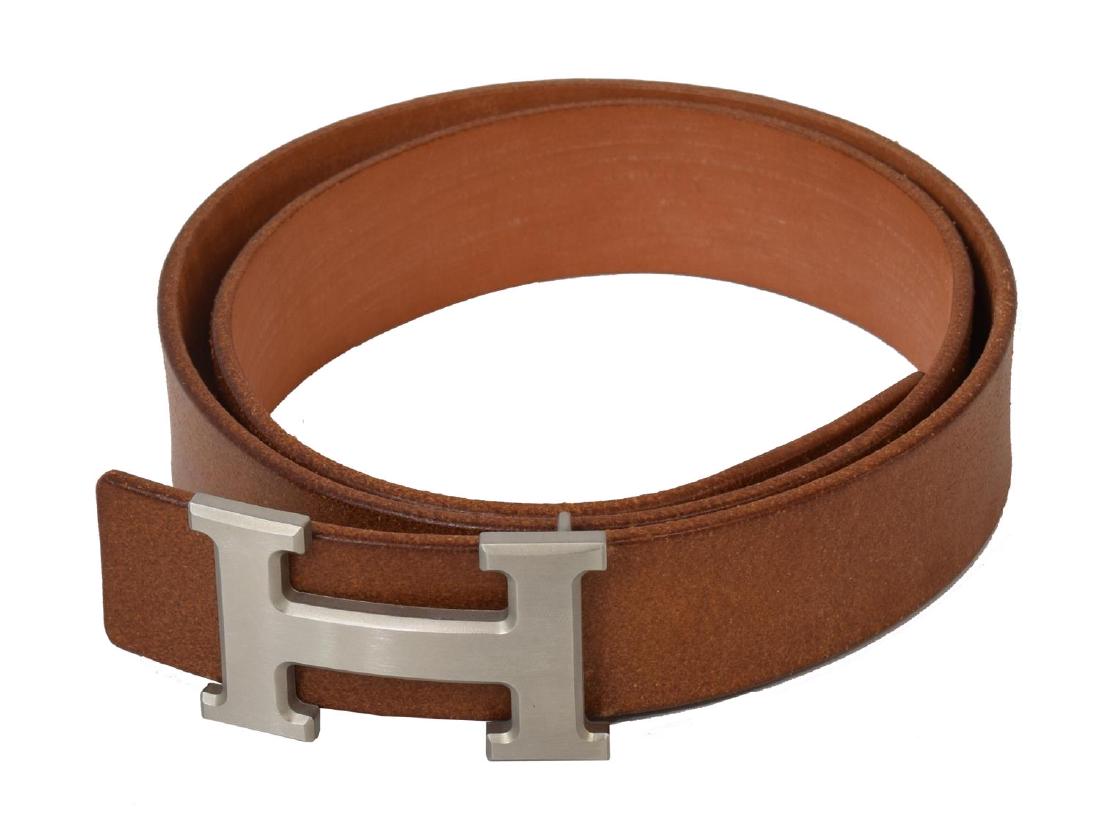 HERMES SILVER 'H' BUCKLE BROWN LEATHER BELT (1 of 4)
