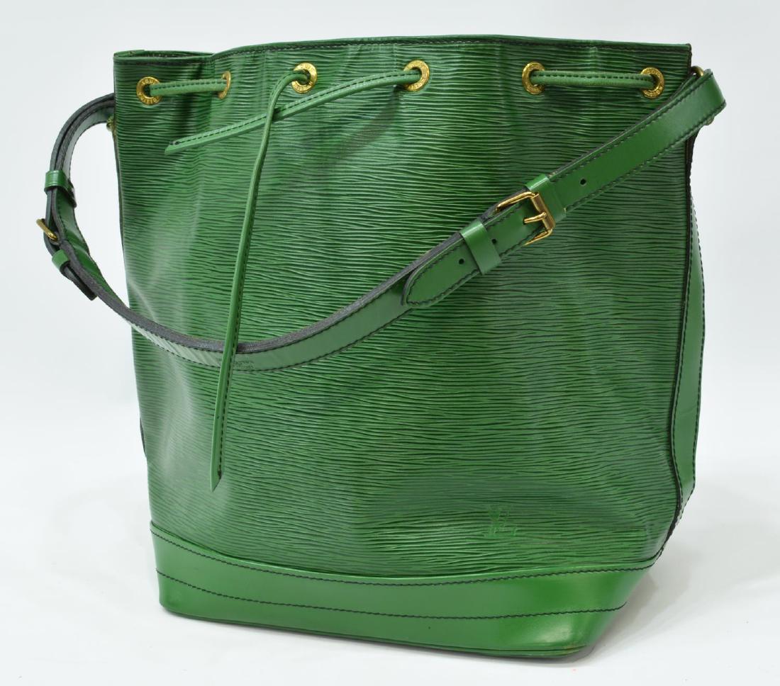LOUIS VUITTON 'NOE' GREEN EPI LEATHER BUCKET BAG: Louis Vuitton "Noe" bucket bag, in Borneo green Epi leather, with brass hardware, contrasting black stitching, logo embossed at front corner, single flat adjustable shoulder strap, black Alcantara lin