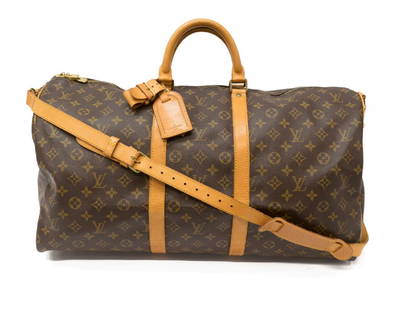 LOUIS VUITTON 'KEEPALL BANDOULIERE 55' DUFFLE BAG: Louis Vuitton "Keepall Bandouliere 55" traveling duffle bag, in brown and tan monogram coated canvas, with brass hardware, tan vachetta leather trim, dual rolled top handles, optional shoulder strap,