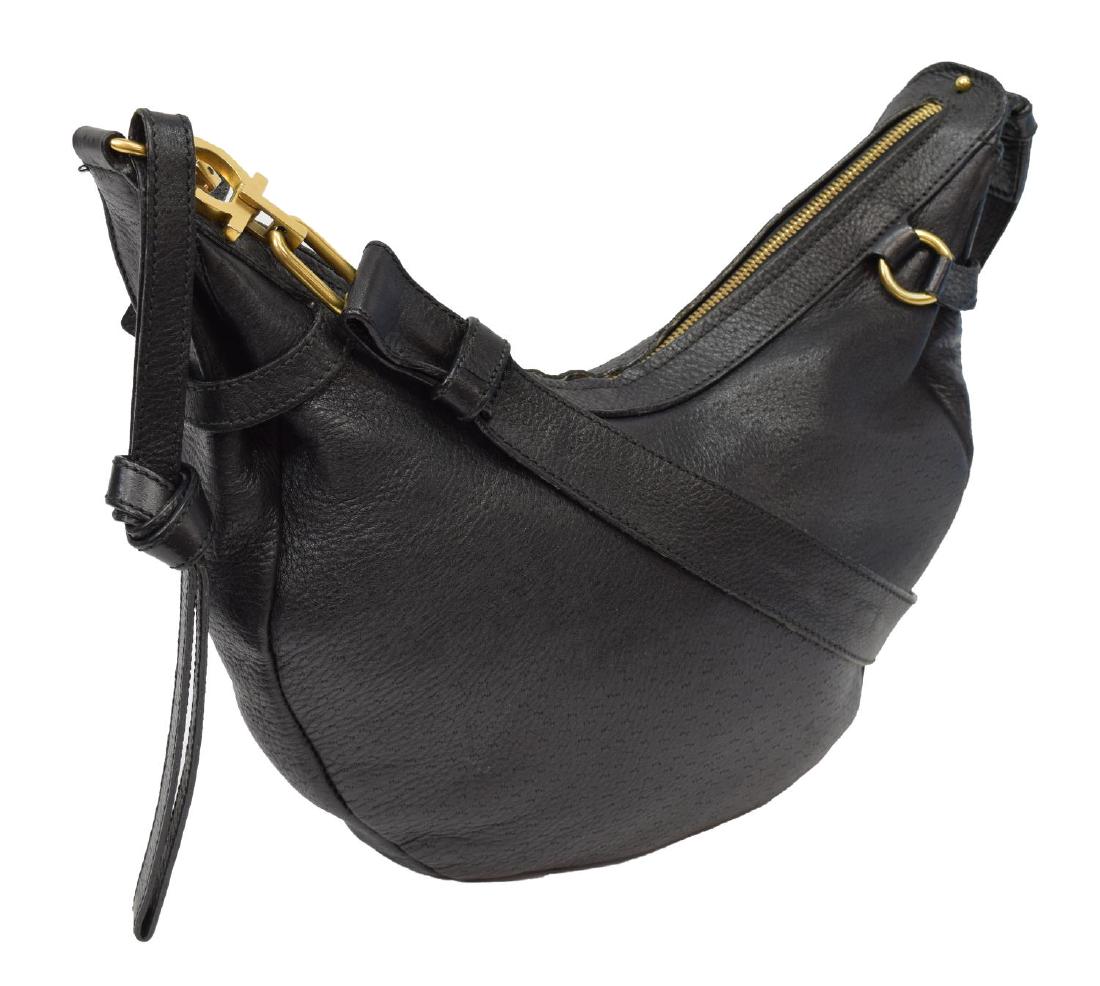 FERRAGAMO GRAINED & TEXTURED LEATHER SHOULDER BAG: Ferragamo black grained and textured leather shoulder bag, brushed gold tone hardware, shoulder strap over zipper top, single slot pocket to interior, light creasing to leather, bag: approx 8"h, 12"l,