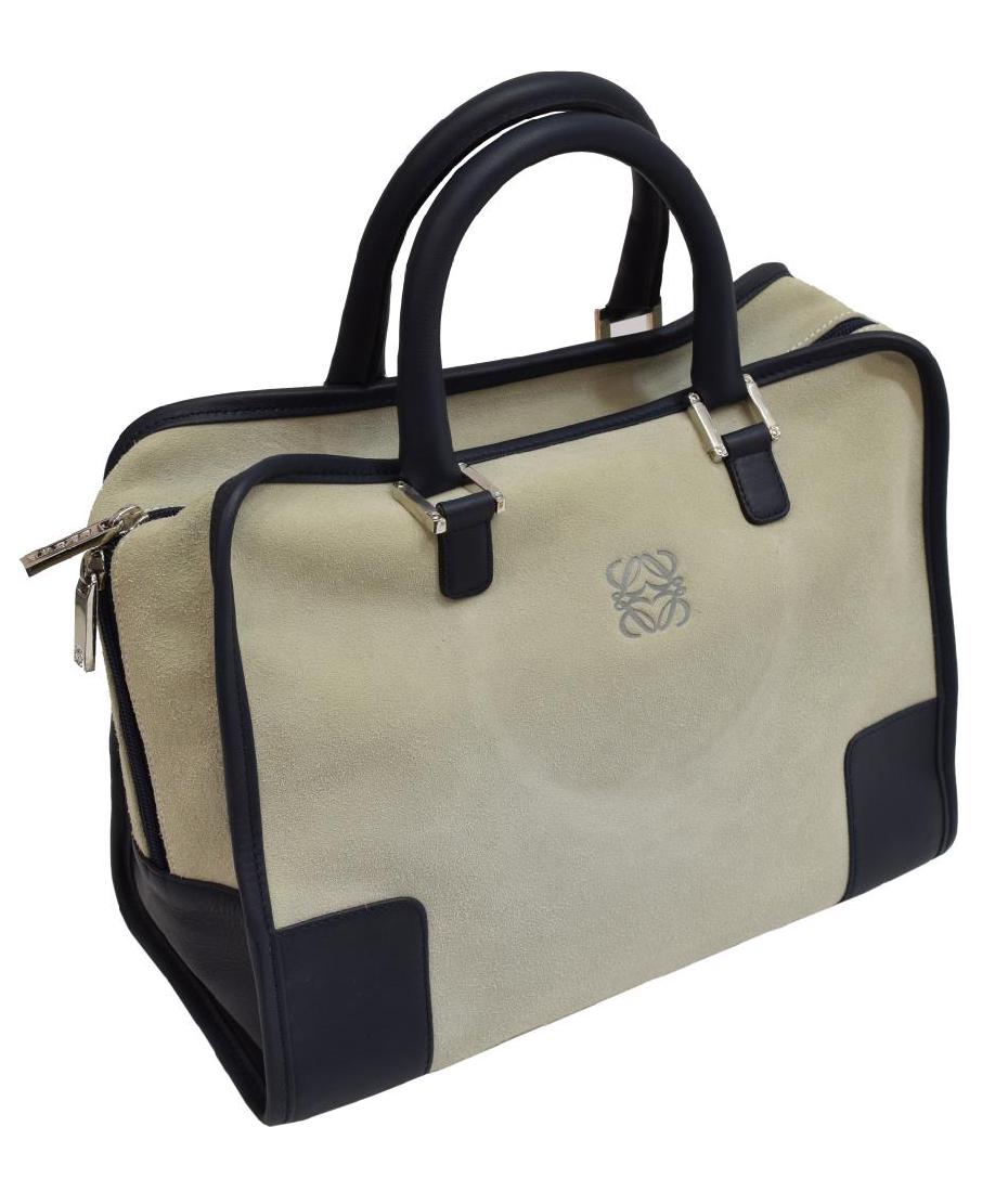 LOEWE 'AMAZONA' SEAFOAM GREEN SUEDE HAND BAG: Loewe "Amazona" handbag in sea foam green suede with navy leather accents, silver tone hardware, dual rolled leather top handles above zipper top, opening to interior with zipper pocket, accompanied b