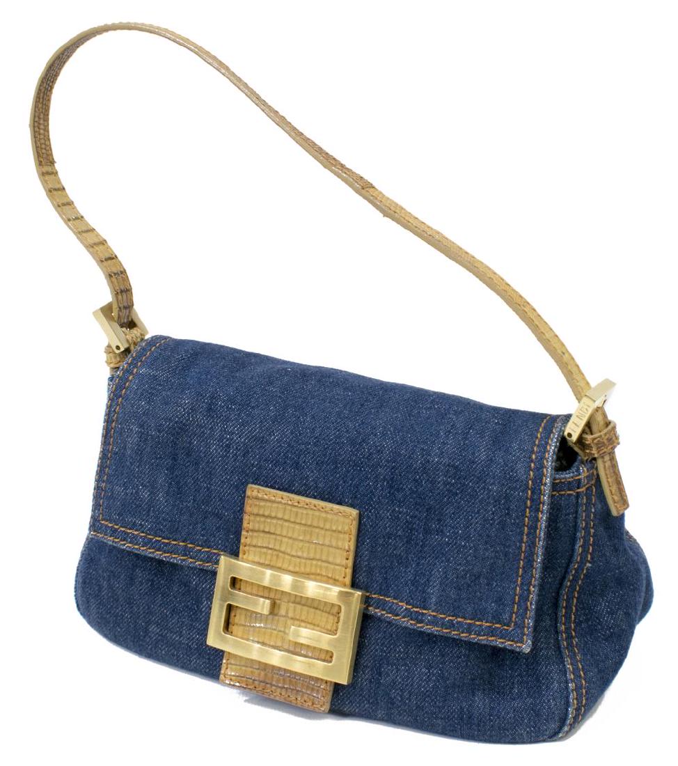 FENDI BLUE DENIM & SNAKESKIN MINI BAGUETTE BAG (1 of 4)