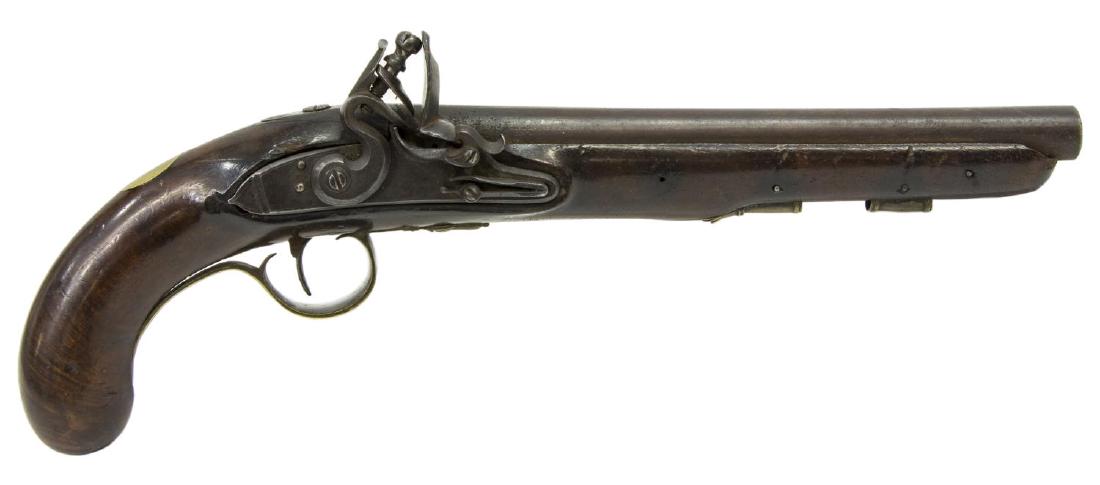 KETLAND FLINTLOCK PISTOL, C. 1810: Flintlock pistol, the lockplate marked W. Ketlan & Co. on two lines, the barrel top marked London, the left side of the barrel marked twice with crown over crossed swords being the mark of Thomas Ketl