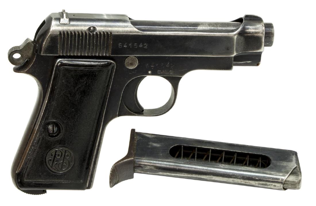 BERETTA MODEL 1934 PISTOL, .380 ACP: Beretta Model 1934 pistol, 9mm Corto (,380ACP) caliber, 3.7" barrel, 7 round magazine, crown over eagle at left frame, black grips with PB logo, lanyard ring, brown leather holster, SN G41XXX REQUIRES