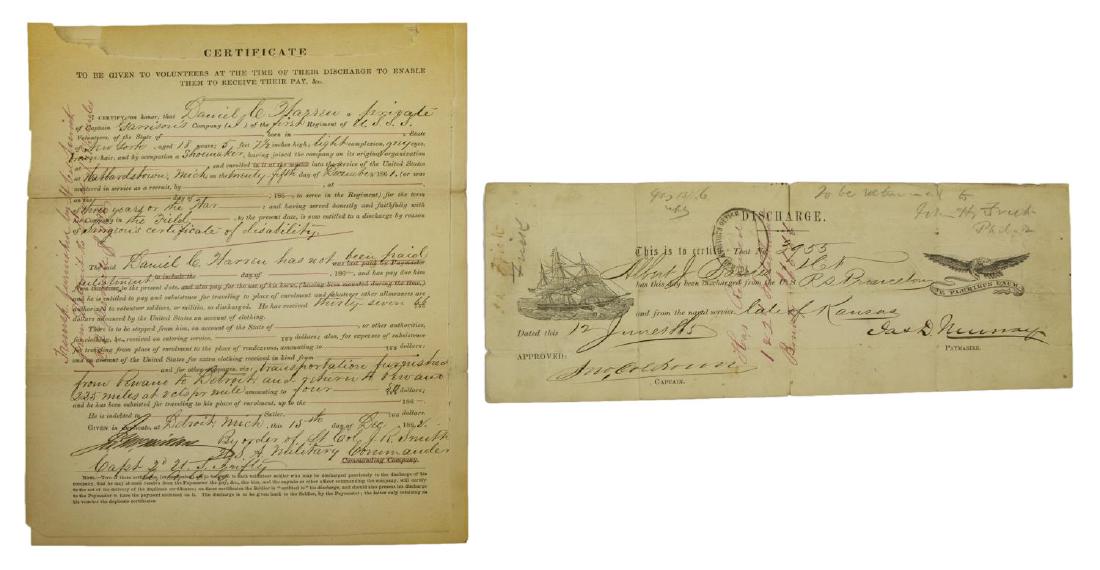 (2) U.S. CIVIL WAR DISCHARGE, SHARP SHOOTER & NAVY: (lot of 2) U.S. Civil War discharge certificates: (1) discharge from Garrisons Company, First Regiment, New York, U.S. Sharp Shooters, Private Daniel C Warren..."by reason of Surgeon's certificate of 