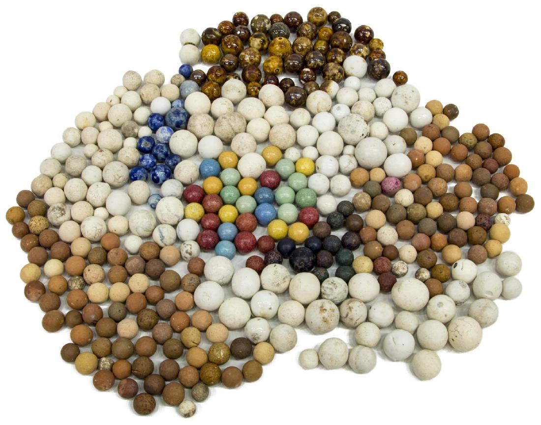 (400) ANTIQUE CLAY MARBLES, CIVIL WAR, CHINA: (lot of 400) Antique clay marbles, all pre 1910, some early 19th c., Civil War era, glazed and non-glazed, China, Germany, Bennington and more, total: 3.75lbs Start Price: $80.00