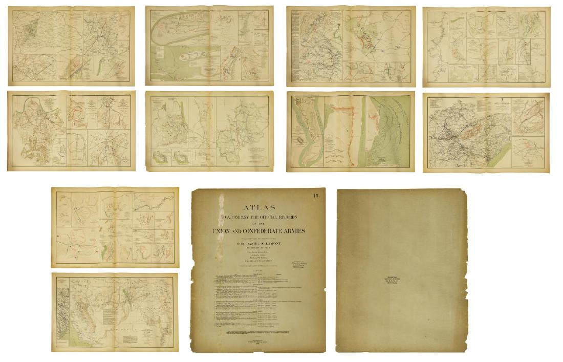 (10) OFFICIAL 1892 CIVL WAR MAPS BY US GOVT: (lot of 10) Official Civil War maps: (1) map with 15 inset maps of battles around Atlanta in 1864; (1) showing battlefield of Shiloh, Corinth, and several Virginia battles; (1) showing Battle of Ft. F