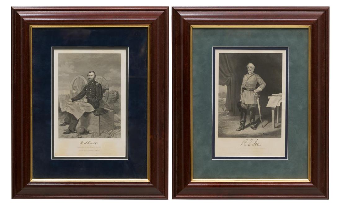 (2)ROBERT E LEE & ULYSSES S GRANT STEEL ENGRAVINGS: (lot of 2) Framed steel engravings by Johnson Fry & Company, Publishers, New York: (1) Robert E. Lee, from a painting by Thomas Nast, copy right 1866; (1) Ulysses S. Grant, from a painting by Alonzo C