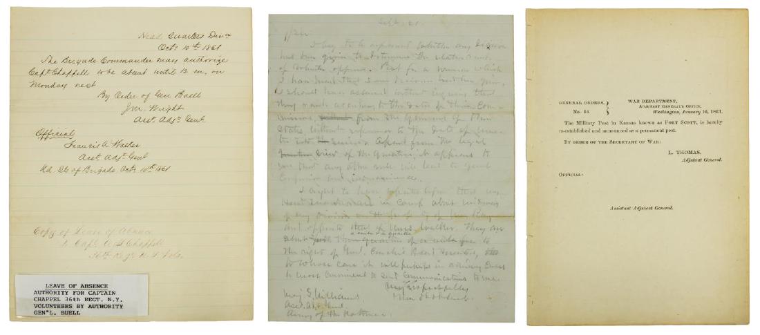 (3) U.S. CIVIL WAR DOCUMENTS, LETTERS & GNL. ORDER: (lot of 3) U.S. Civil War documents: (1) letter dated September 16, 1861 from George W McClellan, Second Assistant Post Master General to D.C. Buell (Don Carlos Buell, Major General, Union Army, b.181
