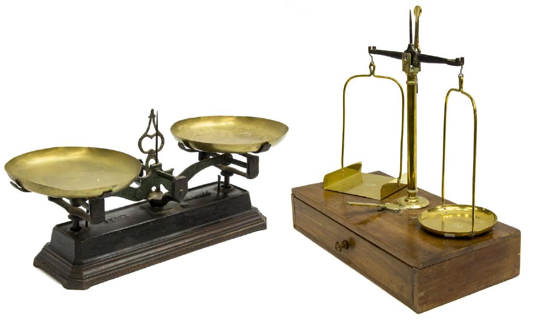 (2) FRENCH BALANCE SCALES: (lot of 2) Balance scales: (1) by Charles Testut, Paris, two brass balanced pans on the rectangular wood base with drawer, lacking weights, as pictured: 19.75"h, 19"w, 9.,25"d; (1) brass balance pans 