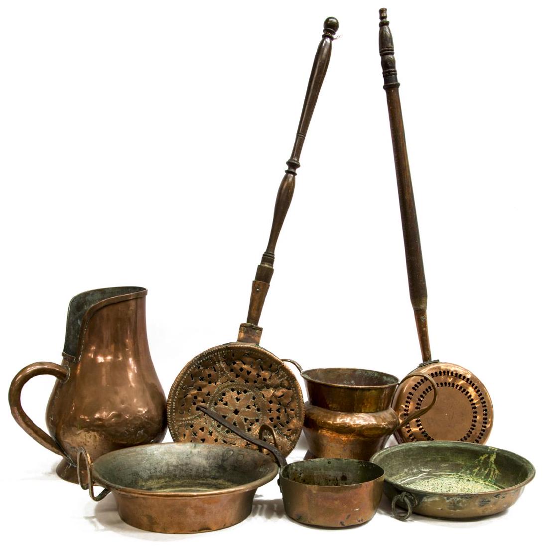 (7) FRENCH ANTIQUE COPPER PANS, JUG & BED WARMERS: (lot of 7) Collection French copperware, 19th/20thc., comprising (2) bed warmers, both pierced, one with floral design, (1) large jug, (1) handled vessel, (1) pan with iron handle, (2) circular pans,