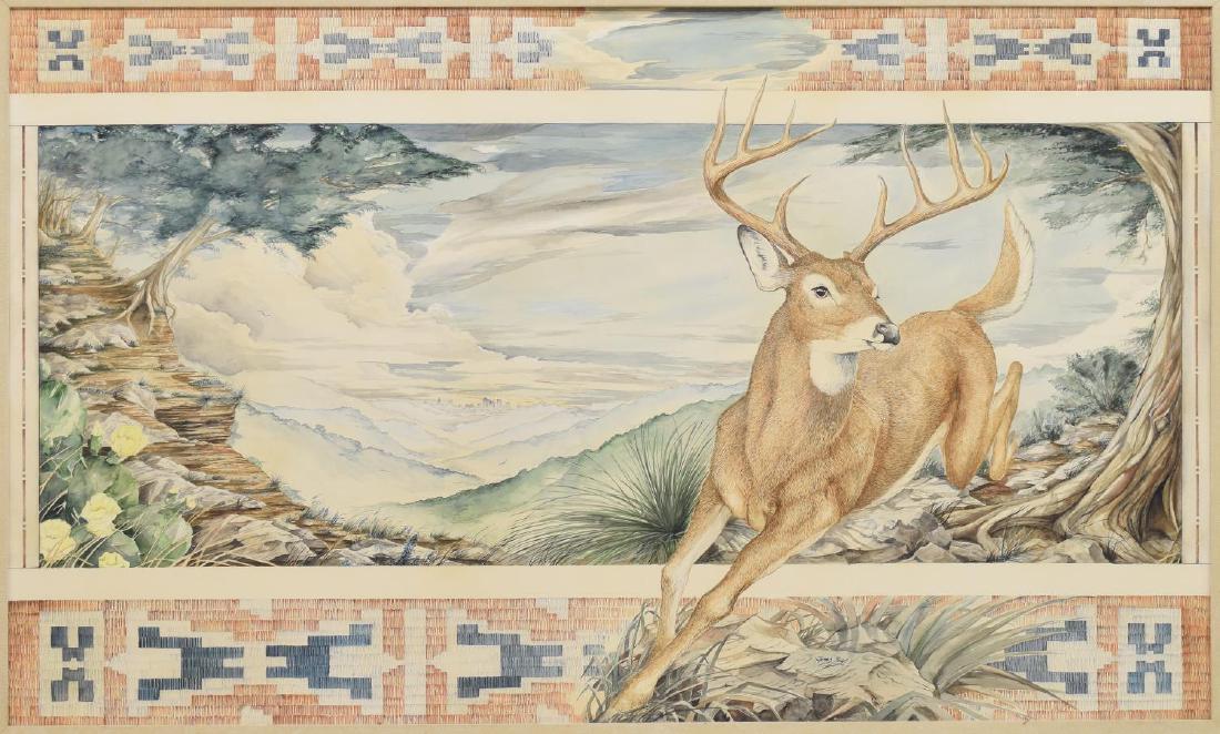 FRAMED WATERCOLOR PAINTING WHITE-TAILED DEER: Framed watercolor painting on paper, White-tailed Deer, signed lower right James Blair, sight: approx 33.75"h, 56.5"w, overall: approx 42.25"h, 65"w Start Price: $100.00