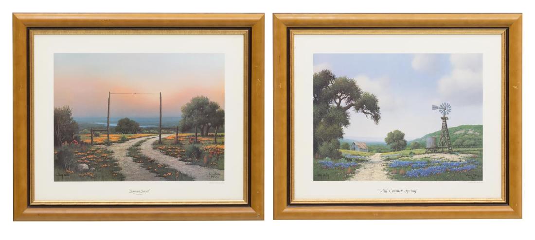 (2)LARRY PRELLOP (B. 1949) TEXAS SEASON LANDSCAPES: (lot of 2) Framed signed limited edition prints by Larry Prellop (Texas, b. 1949), identically framed: (1) "Hill Country Spring", bluebonnets, signed lower right, #312 of 1000; (1) :Summer Sunset", #3