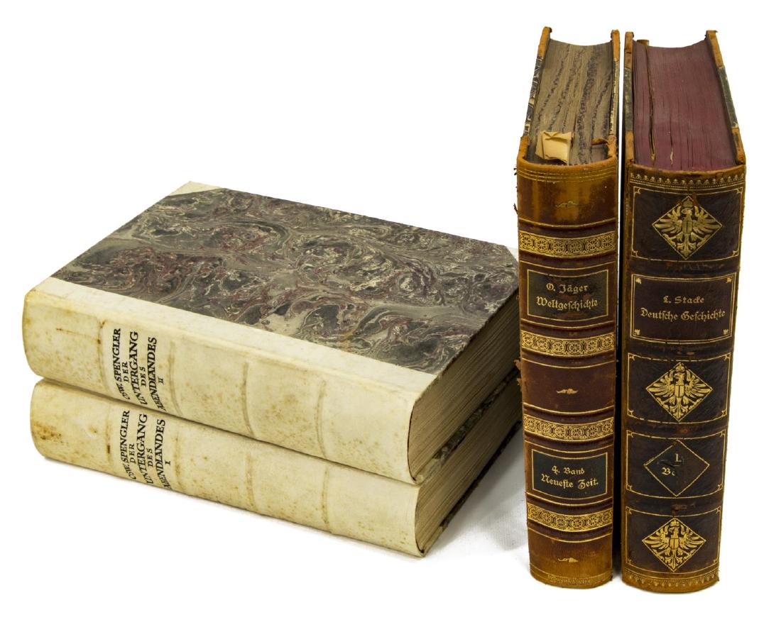 (4) GERMAN HISTORY BOOKS, VARIOUS AUTHORS: (lot of 4) History books written in German, including: (2) volumes, "Der Untergang des Abendlandes" ('Decline of the West') Volumes I and II, by Oswald Spengler, published 1923 by Oskar Beck, Munich; 
