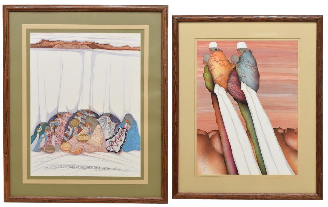 (2) FRAMED PRINTS BY AMADO MAURILLO PENA (B.1943): (lot of 2) Framed prints, signed in print by Amado Maurillo Pena (Arizona, b.1943), including: (1) "Artesanos Fiesta," 1982, depicting seven Native American figures displaying baskets, blankets, jewel