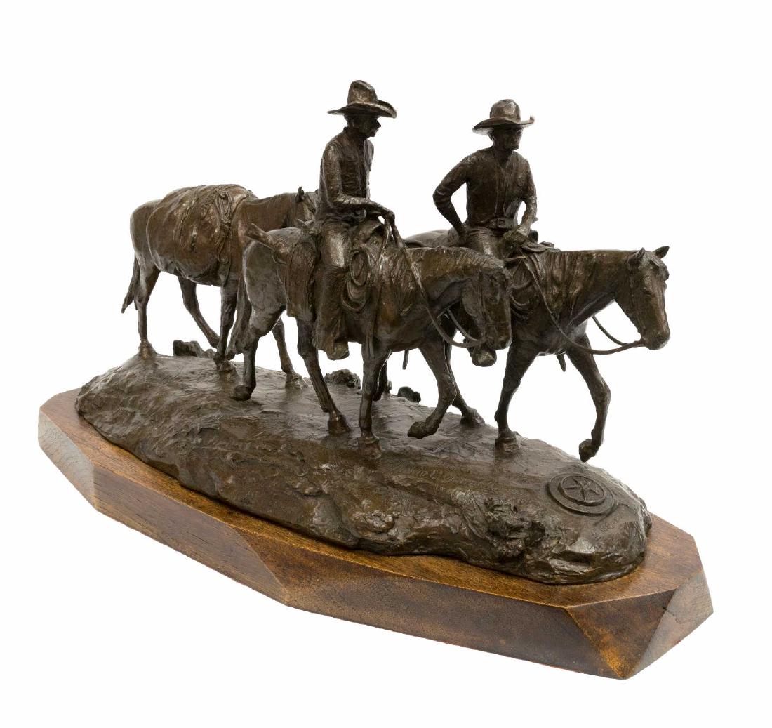 MELVIN WARREN (D.1995) TX RANGERS BRONZE SCULPTURE: Western bronze sculpture, c. 1972, "Texas Rangers on Patrol," dated and signed in cast Melvin C. Warren (Texas, California, 1920-1995), numbered 16/150, cast by the Amel foundry, presented on wood bas