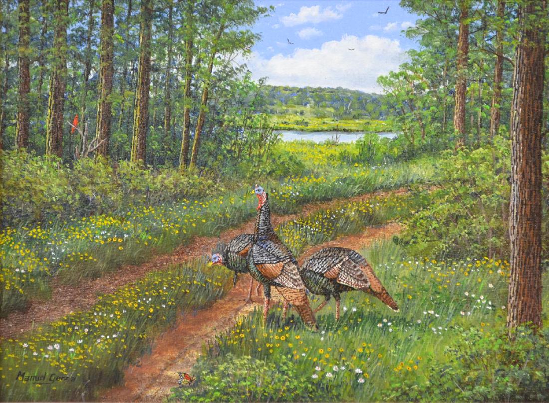 MANUEL GARZA (TEXAS, B.1940) FRAMED OIL PAINTING: Framed oil on canvas painting, 2016, "East Texas Turkeys," signed lower left Manuel Garza (Texas, b.1940), depicting three turkeys in a verdant landscape, dated verso, sight: approx 8.5"h, 11.5"w, ove