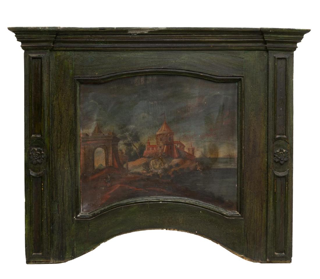 ITALIAN ARCHITECTURAL PANEL W/ INSET OIL PAINTING: Italian architectural painted panel, 17th/18th c., from an Italian monastery, having stepped cornice top, over central reserve with inset oil on canvas painting, depicting a landscape with figures and