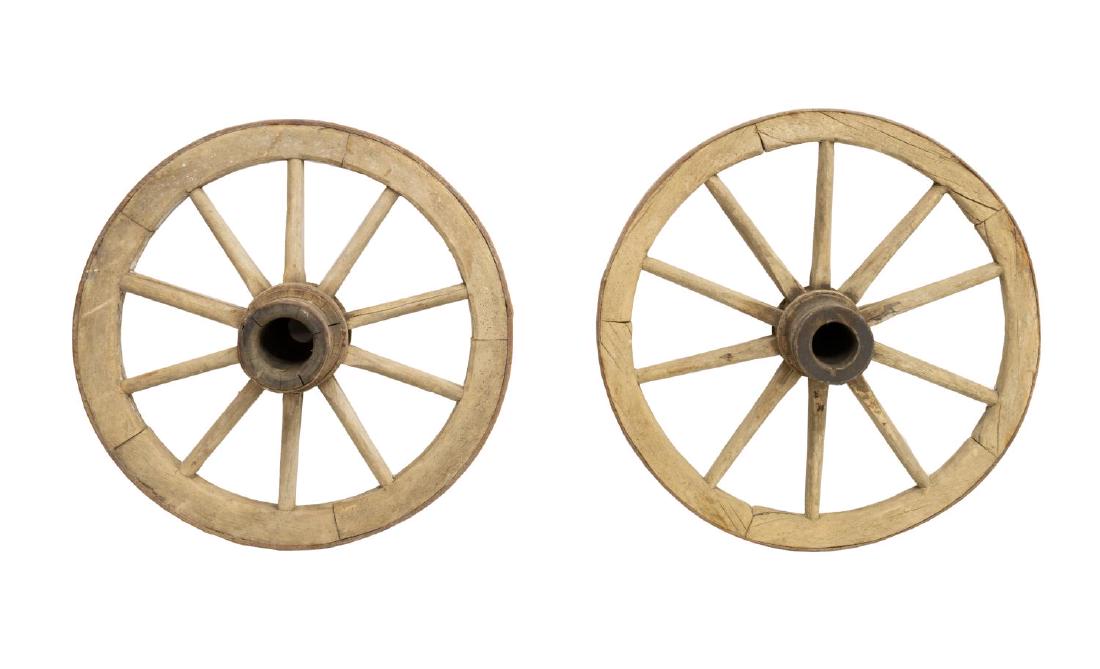 (2) SCANDINAVIAN IRON BOUND PINE WAGON WHEELS: (lot of 2) Scandinavian pine wagon wheels with iron binding, largest: approx 34" Start Price: $60.00