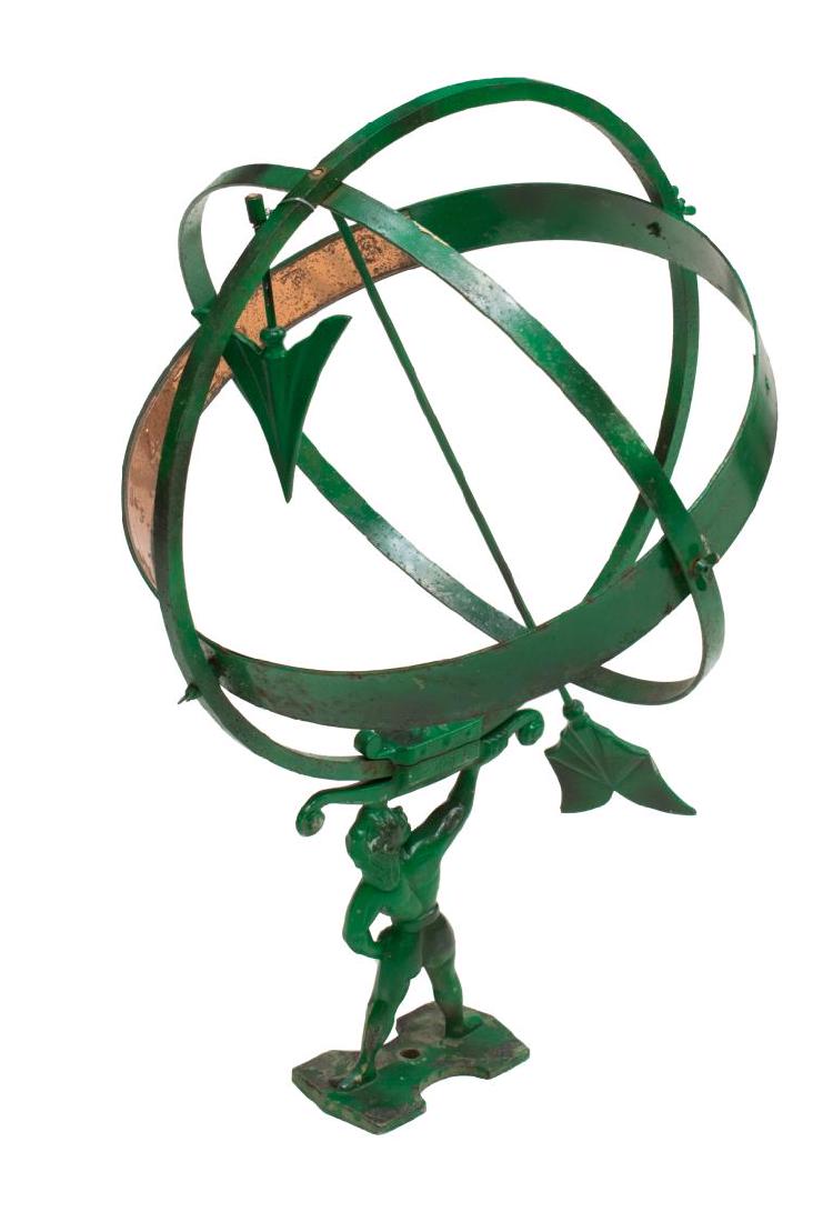 ARCHITECTUAL IRON & COPPER GREEN PAINTED SUNDIAL: Iron sun dial in green paint, copper interior band, arrow tip present but broken off, approx 26"h, 16"w Start Price: $100.00