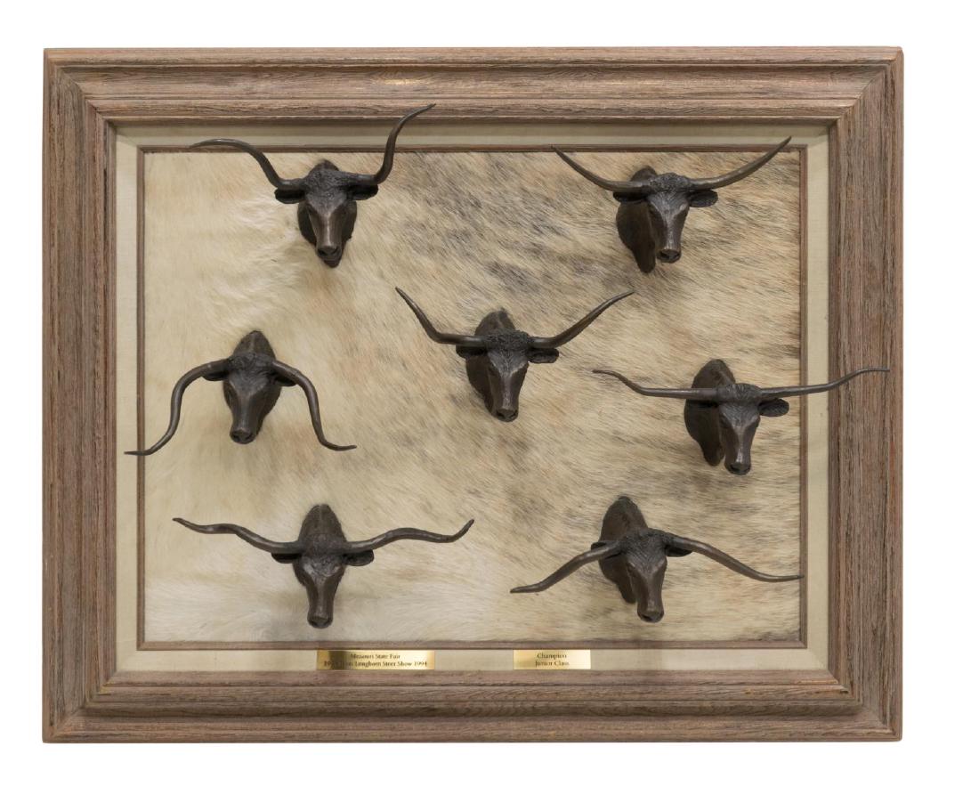 FRAMED BRONZE LONGHORN MOUNTS STATE FAIR TROPHY: Framed Missouri State Fair Champion Junior Class trophy, from the 1994 Texas Longhorn Steer Show, with seven patinated bronze longhorn mounts, with cowhide backing, centered in rustic wood frame, over