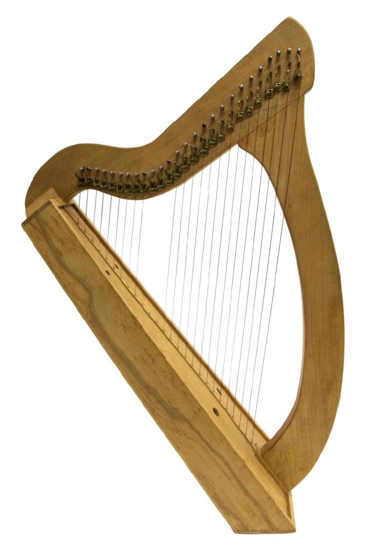 VINTAGE MAPLE 26-STRING IRISH LAP HARP: Irish lap harp, 20th c., maple frame, with 26 strings, and silver-tone Celtic medallion, approx 28.25"h, 21.5"w, 9"d, 10.75lbs Start Price: $80.00