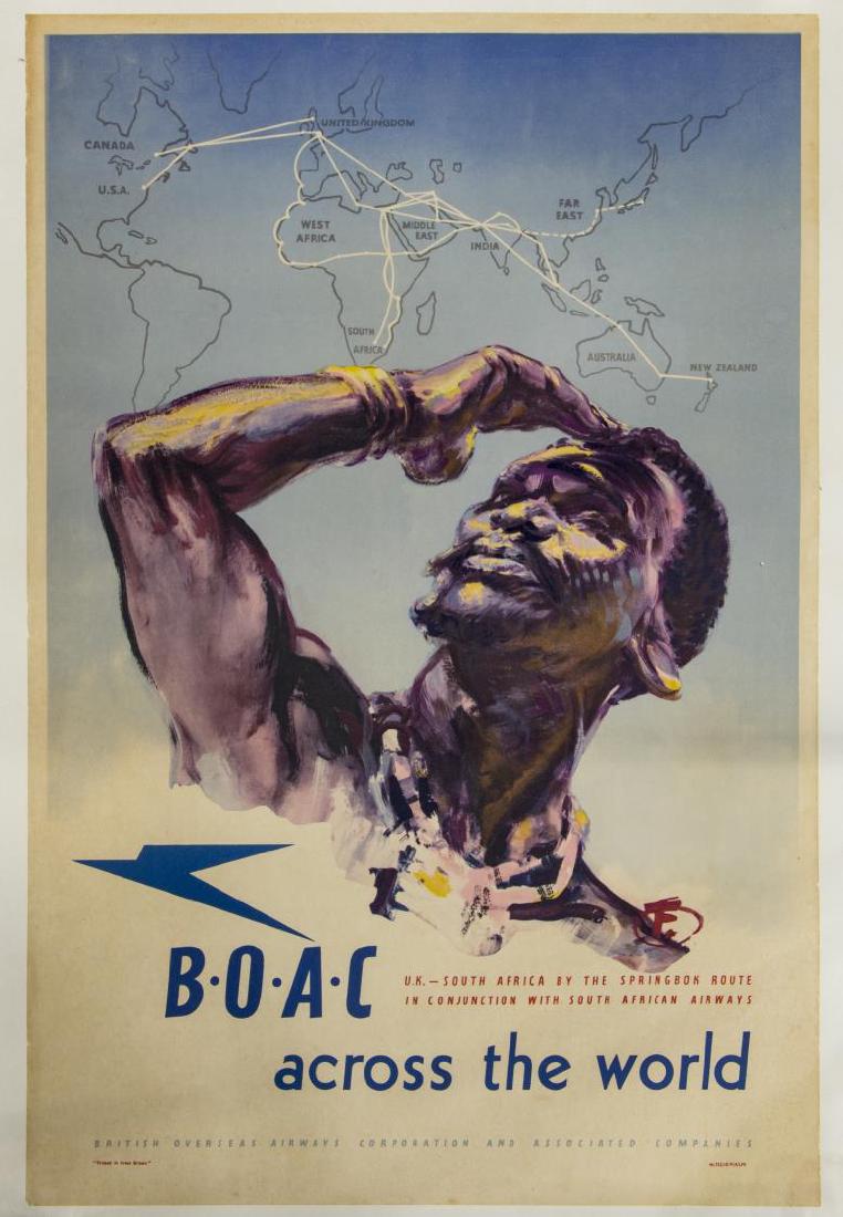 B.O.A.C UK TO SOUTH AFRICA H FORSTER TRAVEL POSTER: Unframed B.O.A.C (British Overseas Airways Corporation) advertising lithograph poster, now mounted on linen, mid 20th c., for their UK to South Africa Springbok route, initialed in print "F" (Harold F