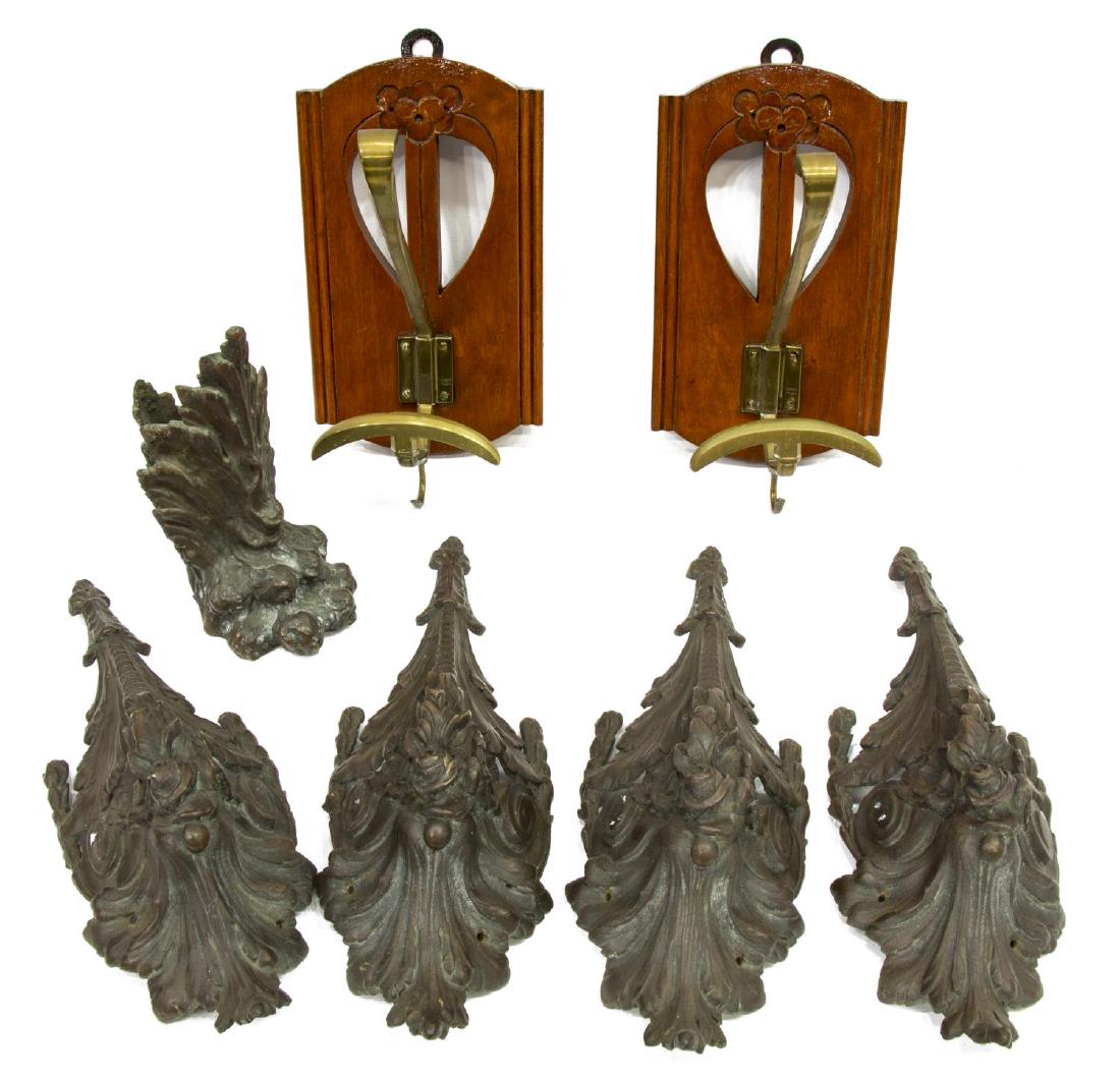 (7) ART NOUVEAU WALL HOOKS & BRONZE ELEMENTS: (lot of 7) Architectural elements: (pair) Italian Art Nouveau wall hooks, each having floral carved back panel, gilt metal hook, marked Brevet Valer??, approx 10"h, 5.75"w, 6"d; (5) patinated metal fu