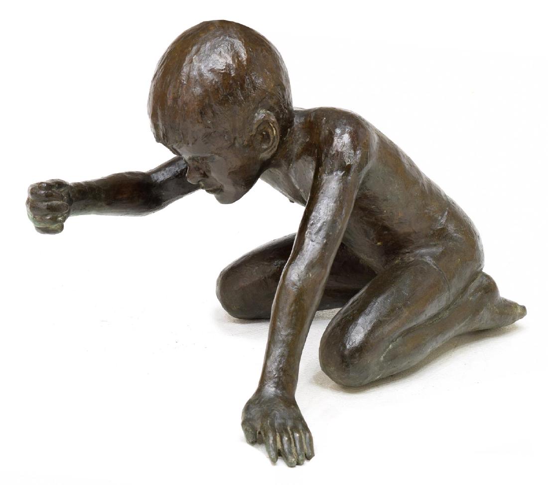 VICTOR SALMONES PATINATED BRONZE SCULPTURE: Patinated bronze sculpture, Kneeling Youth, signed in cast Victor Salmones (Mexico, 1937-1989), evidence of outdoor use, approx 20.75"h, 22"w, 29"d Start Price: $200.00