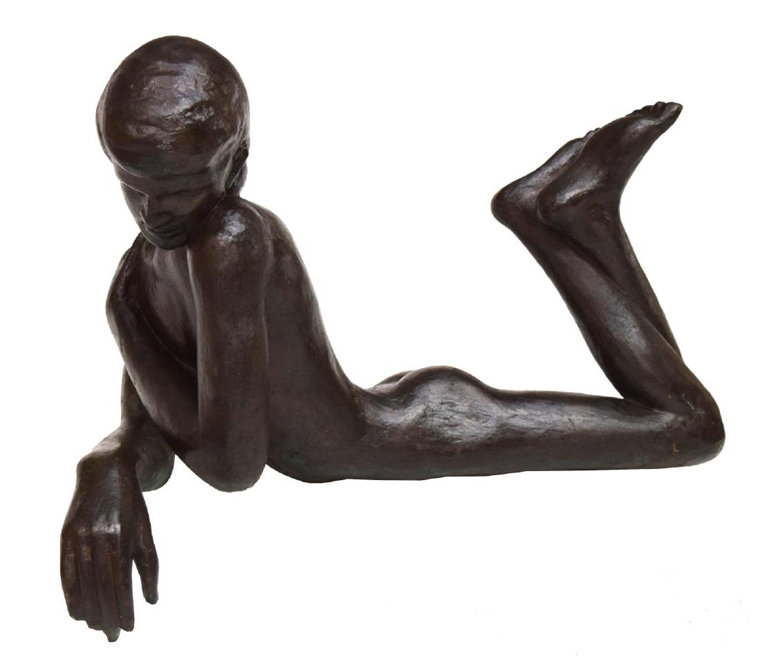 VICTOR SALMONES PATINATED BRONZE SCULPTURE: Patinated bronze sculpture, c. 1970, Narcissus, signed in cast Victor Salmones (Mexico, 1937-1989), approx 15.25"h, 22"w, 12"d Start Price: $200.00